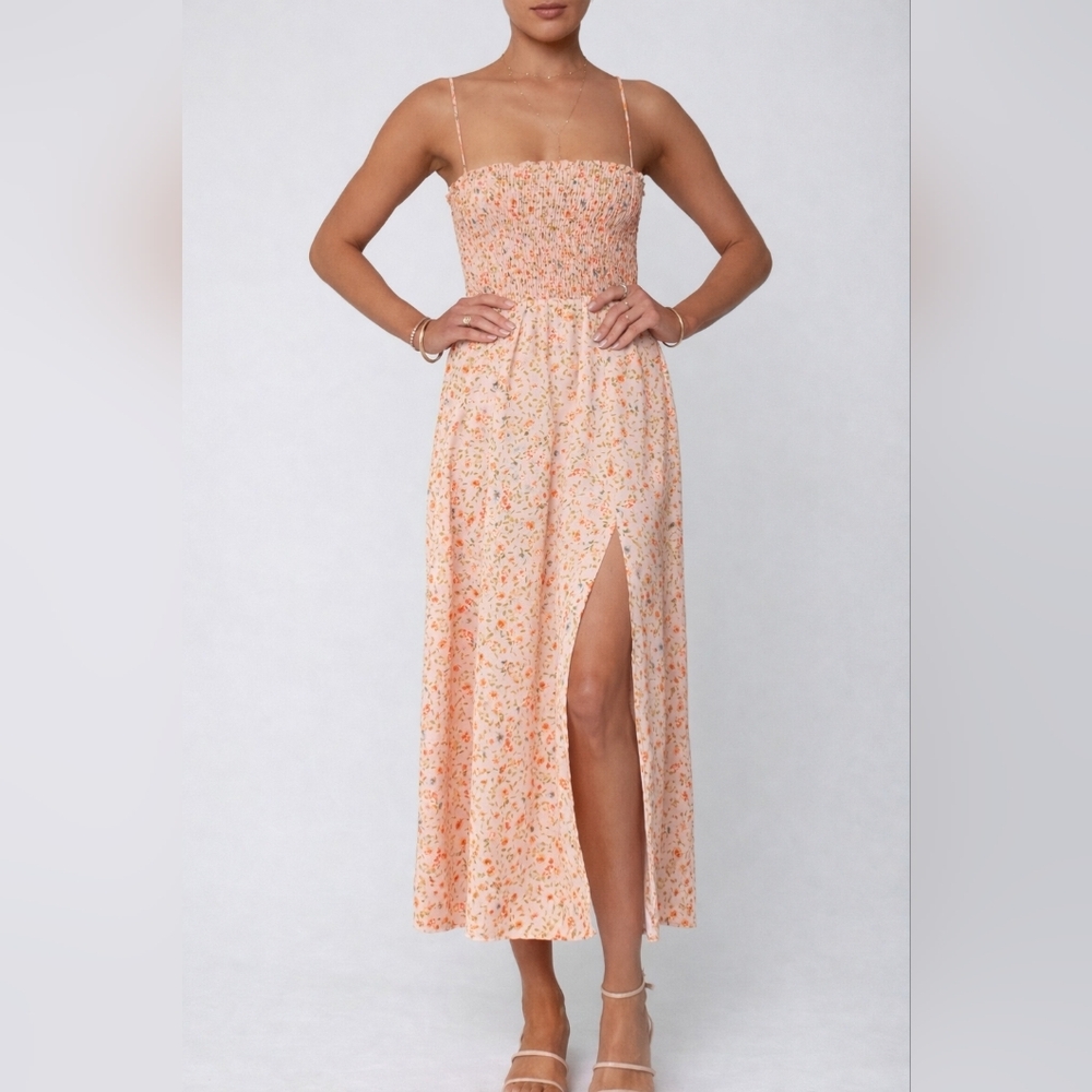 RESA Ashley Midi Dress In Laguna Floral Side Slit Medium Smocked - Picture 3 of 4